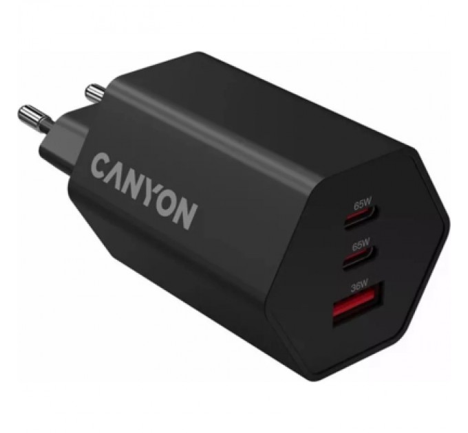 Canyon Зарядний пристрій Canyon HEXAGON 65 GaN 65W 2xPD 1xQC EU Black (CND-CHAHEX65B)