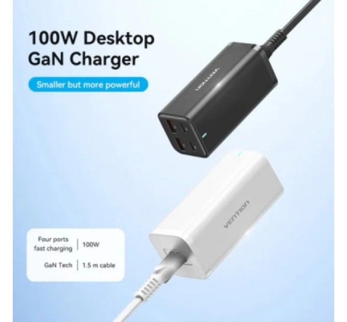 Vention Зарядний пристрій Vention 4xUSB 100W (2xUSB-C+2xUSB-A) PD3.0/QC 3.0/GaN Black (FBSBG-EU)