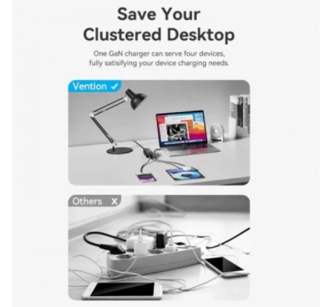 Vention Зарядний пристрій Vention 4xUSB 100W (2xUSB-C+2xUSB-A) PD3.0/QC 3.0/GaN Black (FBSBG-EU)