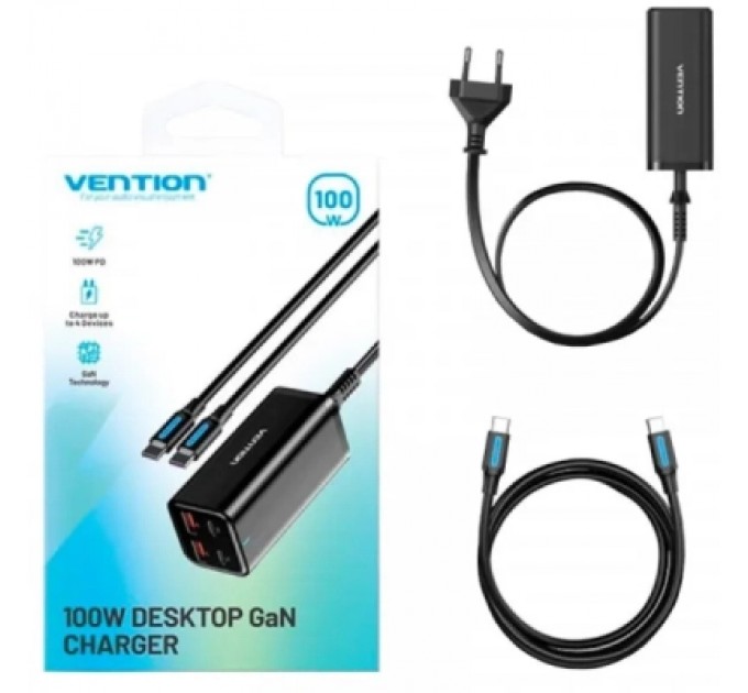 Vention Зарядний пристрій Vention 4xUSB 100W (2xUSB-C+2xUSB-A) PD3.0/QC 3.0/GaN Black (FBSBG-EU)