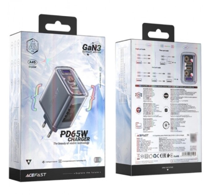 Acefast Зарядний пристрій Acefast 3xUSB 65W (2xUSB-C+USB-A) Gan A45 Fast Charger Mountain mist (6974316282099)