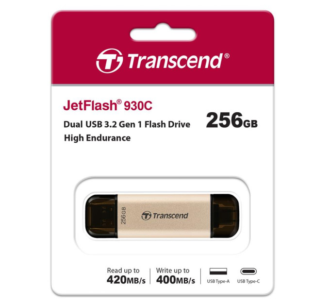 Transcend USB флеш накопичувач Transcend 256GB JetFlash 930 Gold-Black USB 3.2/Type-C (TS256GJF930C)