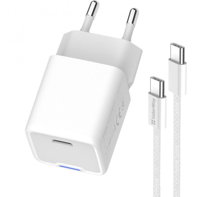 ColorWay Зарядний пристрій ColorWay GaN Mini 30W PD Port PPS USB (Type-C PD + USB QC4.0) cable Type-C (CW-CHS053PDC-WT)