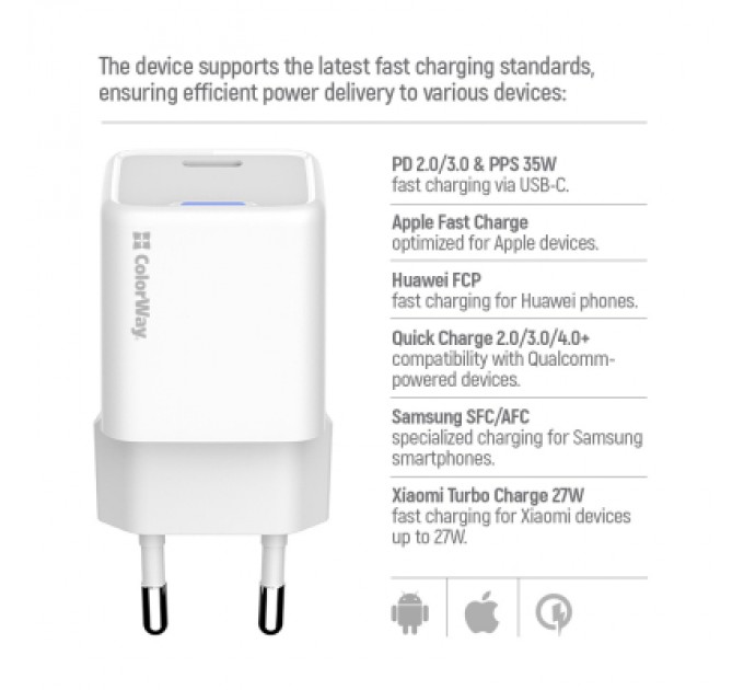 ColorWay Зарядний пристрій ColorWay GaN Mini 30W PD Port PPS USB (Type-C PD + USB QC4.0) cable Type-C (CW-CHS053PDC-WT)