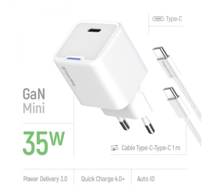 ColorWay Зарядний пристрій ColorWay GaN Mini 30W PD Port PPS USB (Type-C PD + USB QC4.0) cable Type-C (CW-CHS053PDC-WT)