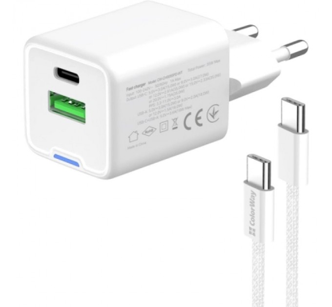 ColorWay Зарядний пристрій ColorWay GaN Mini 35W PD Port PPS USB (Type-C PD + USB QC4.0) cable Type-C (CW-CHS055PDC-WT)