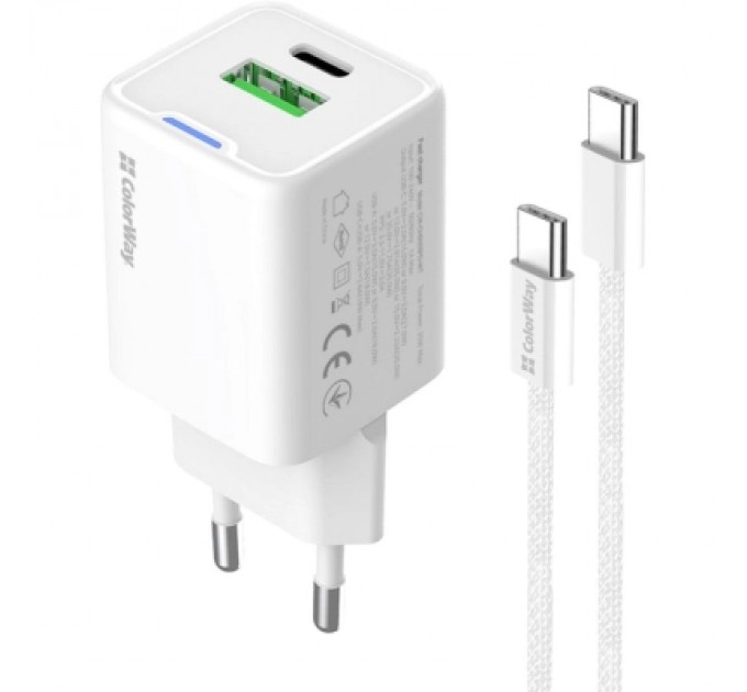 ColorWay Зарядний пристрій ColorWay GaN Mini 35W PD Port PPS USB (Type-C PD + USB QC4.0) cable Type-C (CW-CHS055PDC-WT)