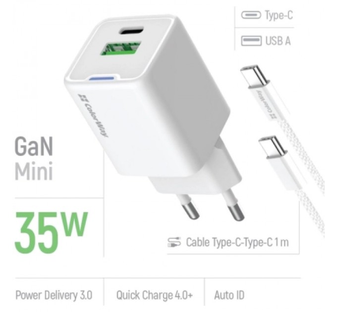 ColorWay Зарядний пристрій ColorWay GaN Mini 35W PD Port PPS USB (Type-C PD + USB QC4.0) cable Type-C (CW-CHS055PDC-WT)