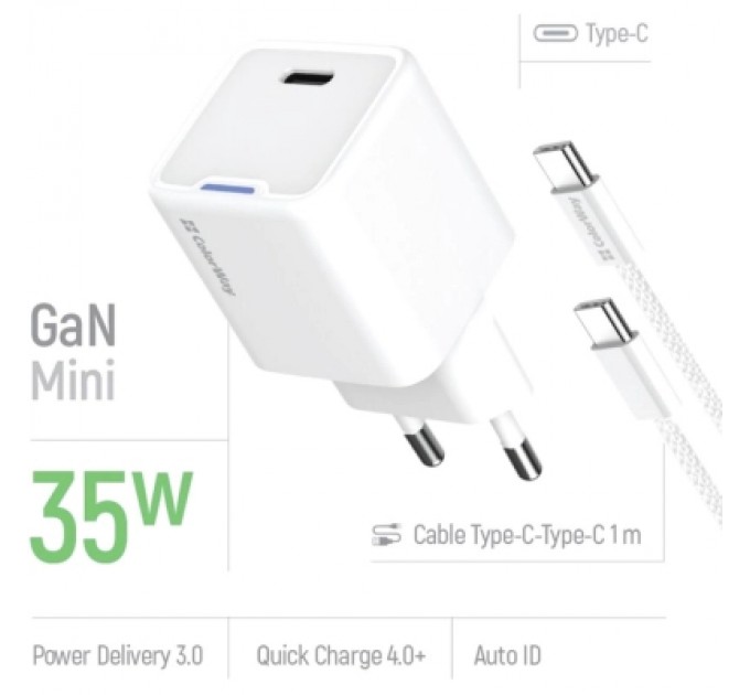 ColorWay Зарядний пристрій ColorWay GaN Mini 35W PD Port PPS USB-C white cable Type-C (CW-CHS056PDC-WT)