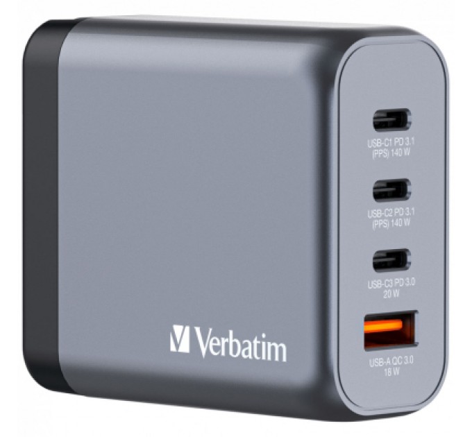 Verbatim Зарядний пристрій Verbatim GaN 140 W 4 ports (2xUSB-C-140 W,USB-C 20 W /USB-A -3.0) (32203)