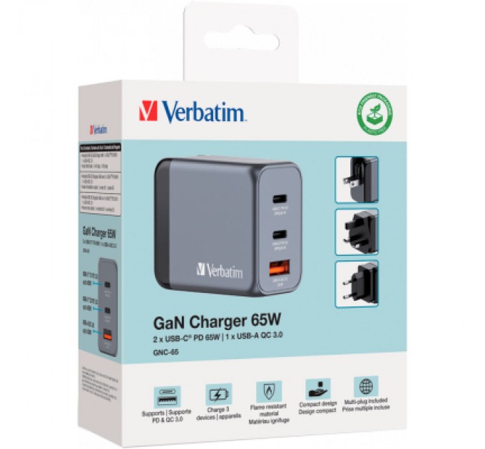 Verbatim Зарядний пристрій Verbatim GaN 65 W 3 ports (2xUSB-C-65 W /USB-A -3.0) (32201)