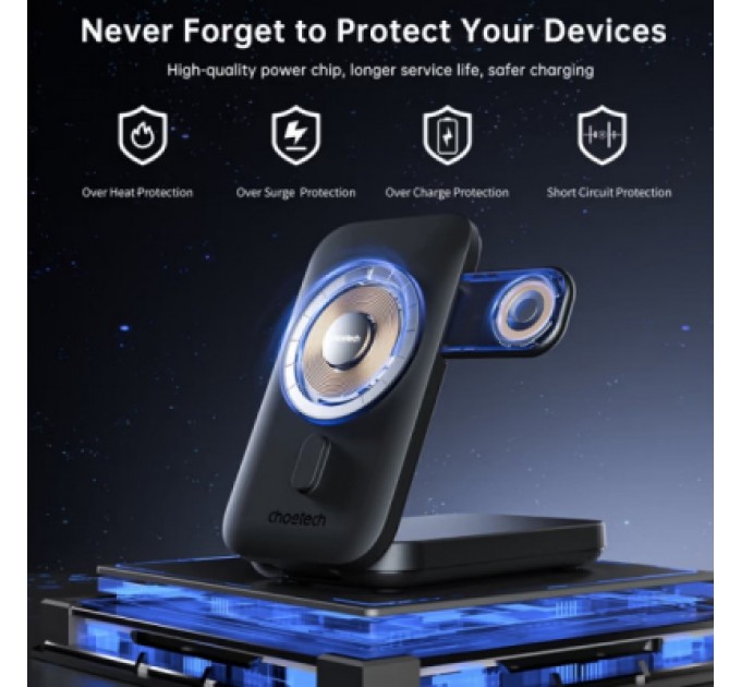Choetech Батарея універсальна Choetech Magnetic Wireless 10000mAh 20W, PD, Qi-2 15W, USB-C, Lightning, Apple Watch charger (B750-CCBK)