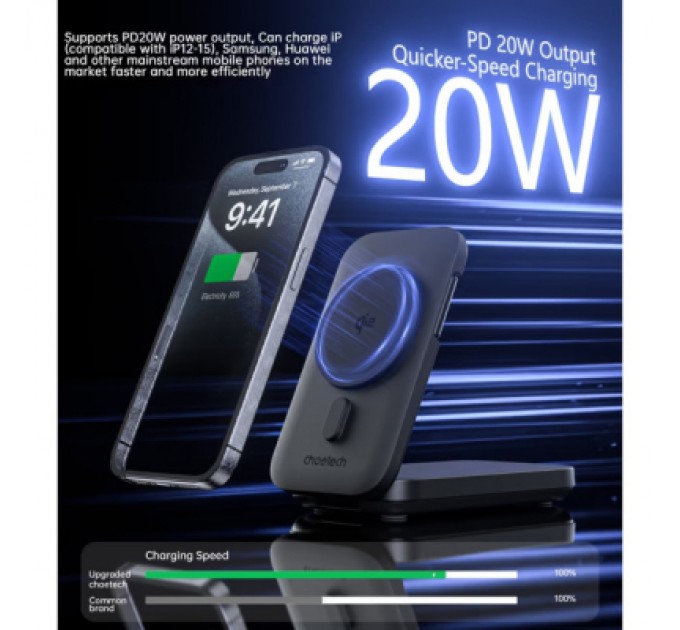 Choetech Батарея універсальна Choetech Magnetic Wireless 10000mAh 20W, PD, Qi-2 15W, USB-C, Lightning, Apple Watch charger (B750-CCBK)