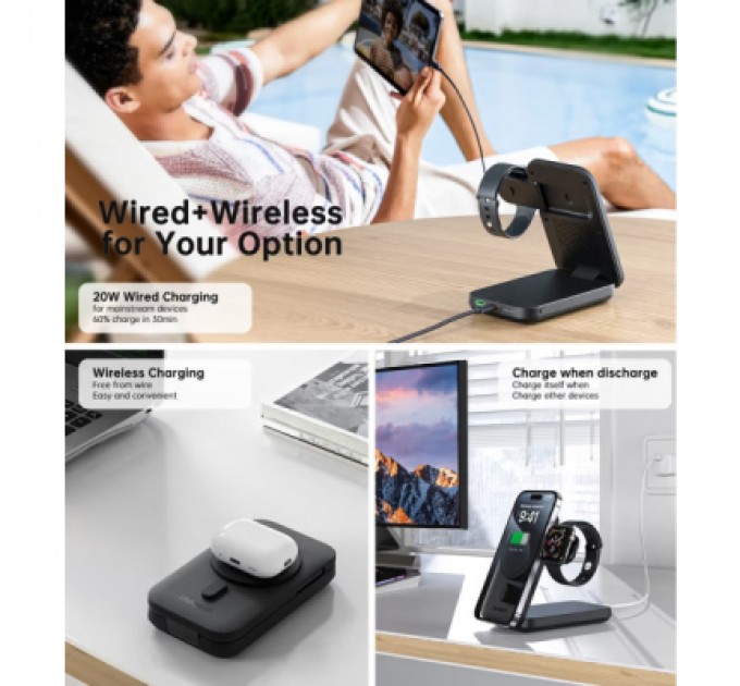 Choetech Батарея універсальна Choetech Magnetic Wireless 10000mAh 20W, PD, Qi-2 15W, USB-C, Lightning, Apple Watch charger (B750-CCBK)