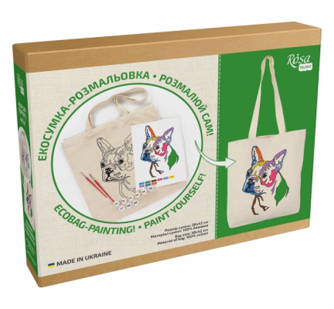 Rosa Набір для творчості Rosa Talent екосумка-розмальовка, Яскравий мопс, 38х42 см (4823098541165)