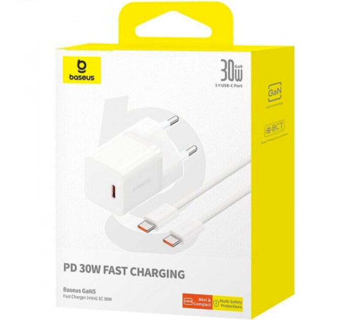 Baseus Зарядний пристрій Baseus GaN5 Fast Charger USB-C 30W + Cable 1.0m Type-C 100W white (P10110902213-00)