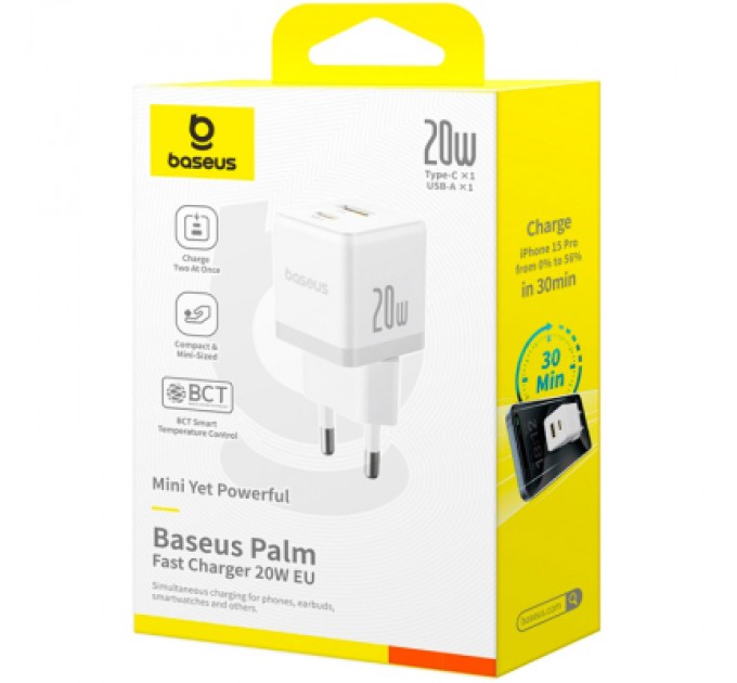 Baseus Зарядний пристрій Baseus Palm Fast Charger C+U 20W moon white (P10111608213-00)