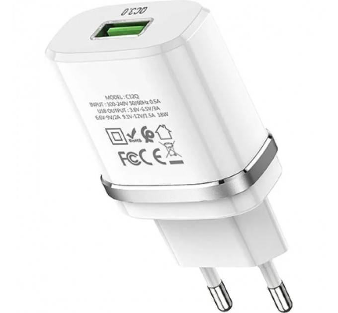 HOCO Зарядний пристрій HOCO C12Q Smart USB QC3.0 + cable USB to USB-C 18W White (6931474716309)