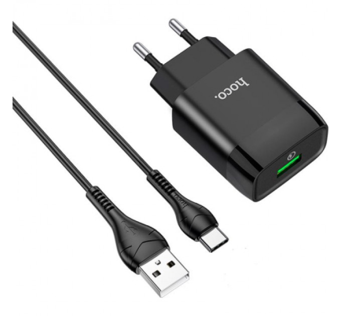 HOCO Зарядний пристрій HOCO C72Q Glorious USB QC3.0 + cable USB to USB-C 18W Black (6931474732545)