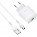 HOCO Зарядний пристрій HOCO C72Q Glorious USB QC3.0 + cable USB to USB-C 18W White (6931474732552)