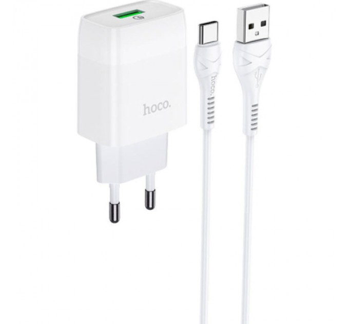 HOCO Зарядний пристрій HOCO C72Q Glorious USB QC3.0 + cable USB to USB-C 18W White (6931474732552)