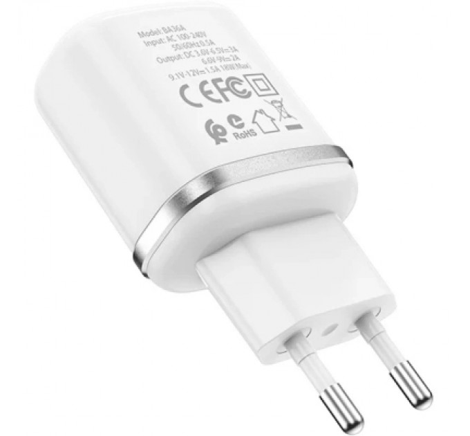 BOROFONE Зарядний пристрій BOROFONE BA36A High Speed USB QC3.0 + cable USB to USB-C 18W White (6931474715975)