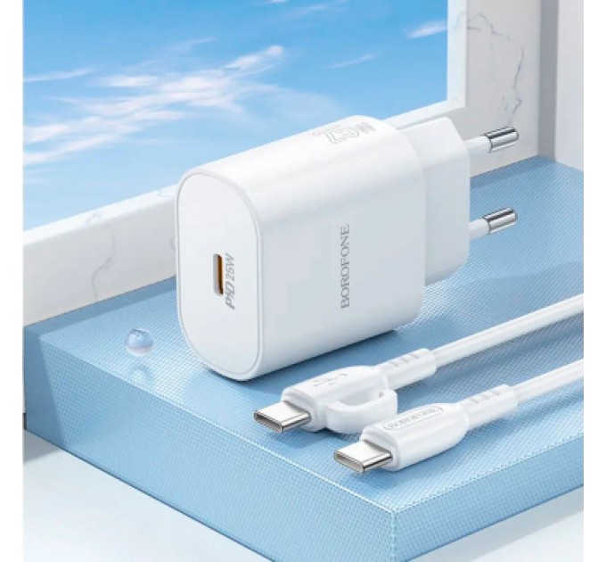 BOROFONE Зарядний пристрій BOROFONE BA82A Platinum USB-C PD25W + cable USB-C to USB-C White (6941991112270)
