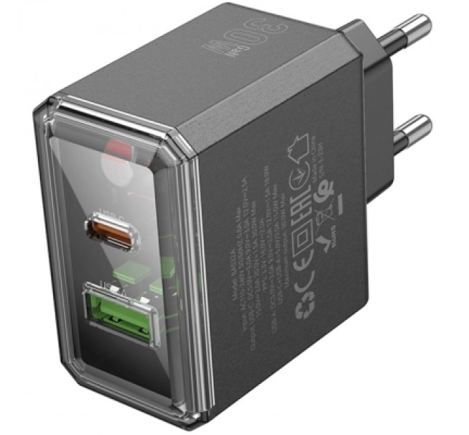 BOROFONE Зарядний пристрій BOROFONE BAS32A Treasure 1xUSB-C PD30W + 1xUSB QC3.0 Black (6941991110641)