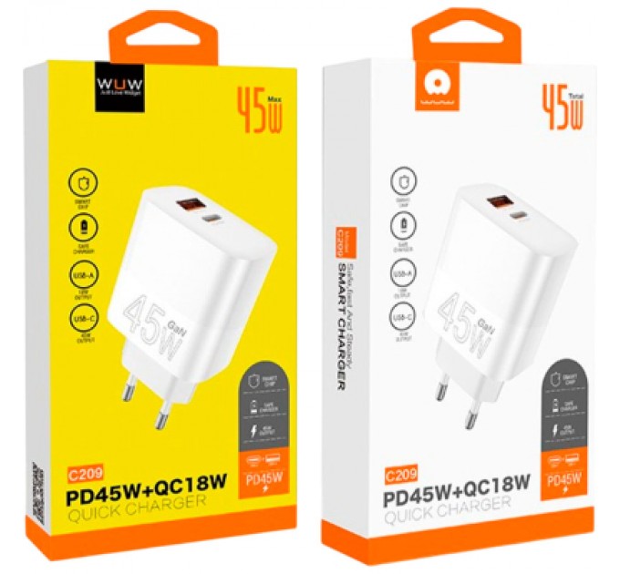 WUW Зарядний пристрій WUW C209 1xUSB-C PD45W + 1xUSB QC3.0 18W White (WUW-C209)