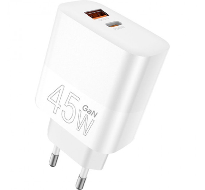 WUW Зарядний пристрій WUW C209 1xUSB-C PD45W + 1xUSB QC3.0 18W White (WUW-C209)