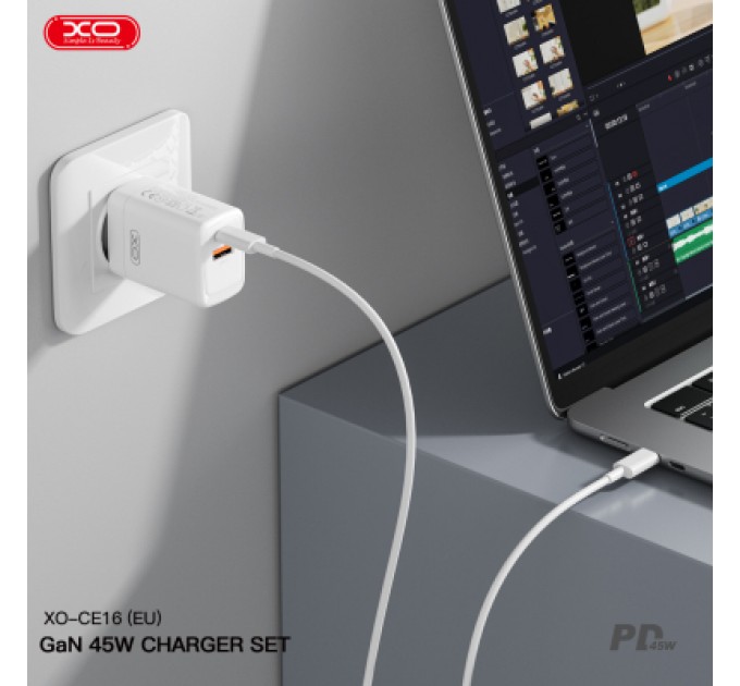 XO Зарядний пристрій XO CE16 67.5W USB-C PD45W + USB-A QC 22.5W White (CE16_White)