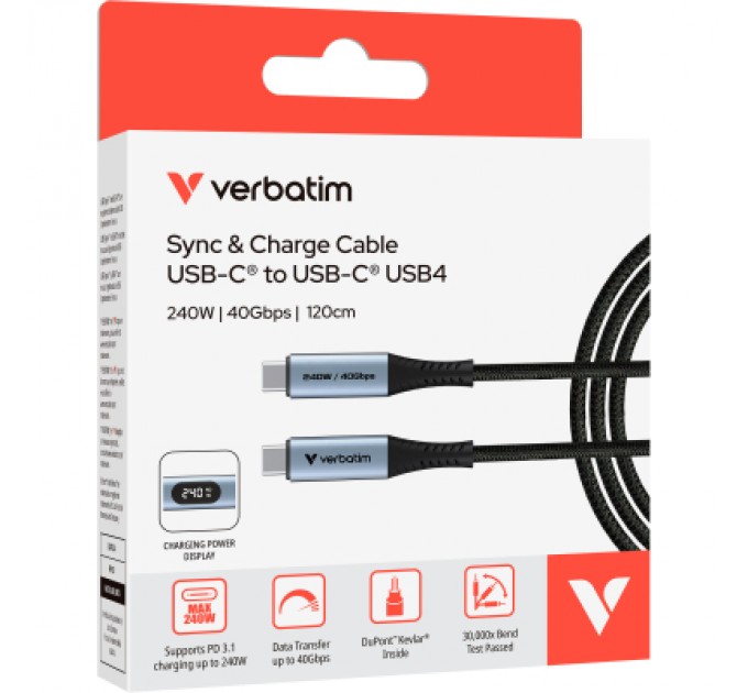 Verbatim Дата кабель USB-C to USB-C 1.2m with display 240W black Verbatim (31849)