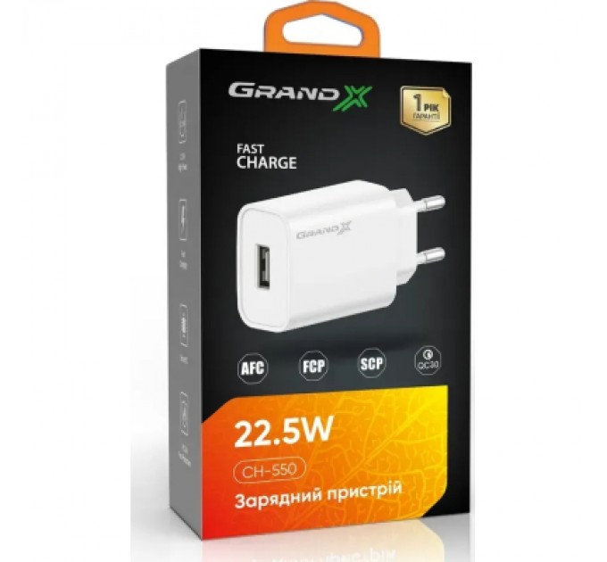 Grand-X Зарядний пристрій Grand-X CH-550W Quick Charge USB QC3.0 Black (CH-550W)