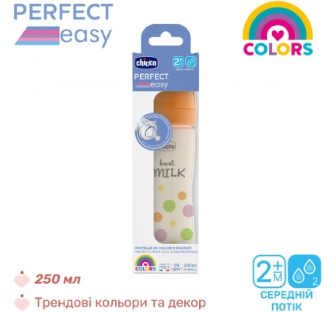 Chicco Пляшечка для годування Chicco Perfect Easy силіконова, від 2 міс., середній потік 250 мл (20243.10)