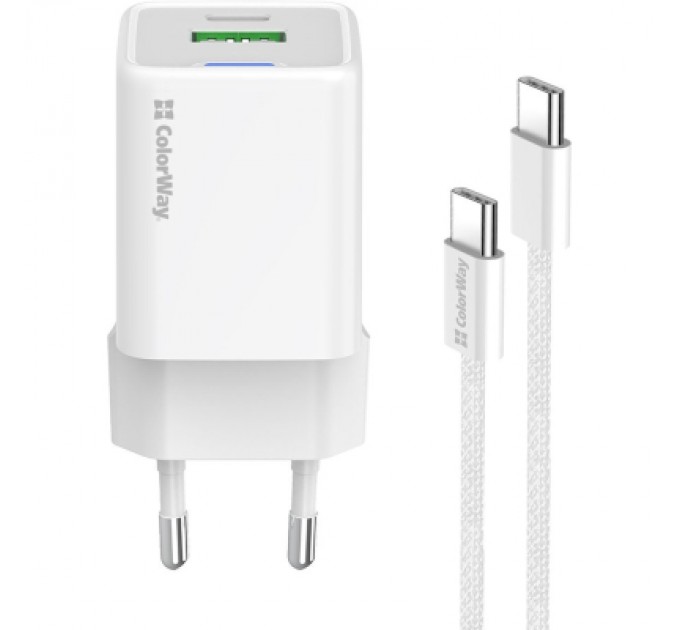 ColorWay Зарядний пристрій ColorWay C101A GaN Mini 20W PD PPS USB-C + USB-A QC4.0 + cable USB-C to USB-C black (CW-CHS062PDC-WT)
