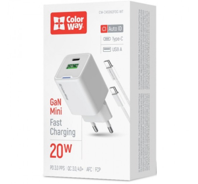 ColorWay Зарядний пристрій ColorWay C101A GaN Mini 20W PD PPS USB-C + USB-A QC4.0 + cable USB-C to USB-C black (CW-CHS062PDC-WT)