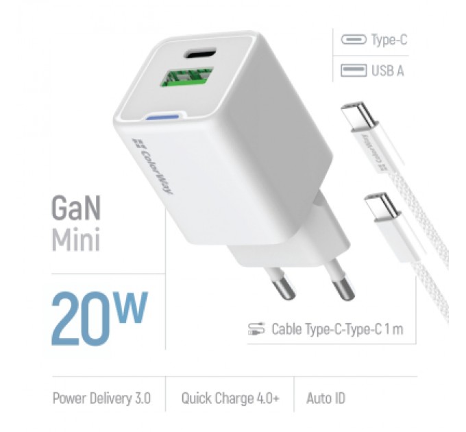 ColorWay Зарядний пристрій ColorWay C101A GaN Mini 20W PD PPS USB-C + USB-A QC4.0 + cable USB-C to USB-C black (CW-CHS062PDC-WT)