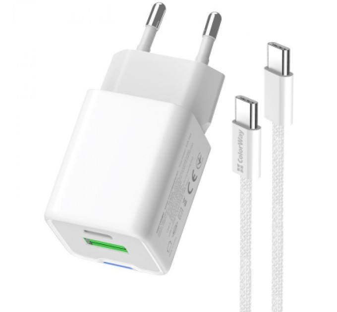 ColorWay Зарядний пристрій ColorWay C101A GaN Mini 20W PD PPS USB-C + USB-A QC4.0 + cable USB-C to USB-C black (CW-CHS062PDC-WT)