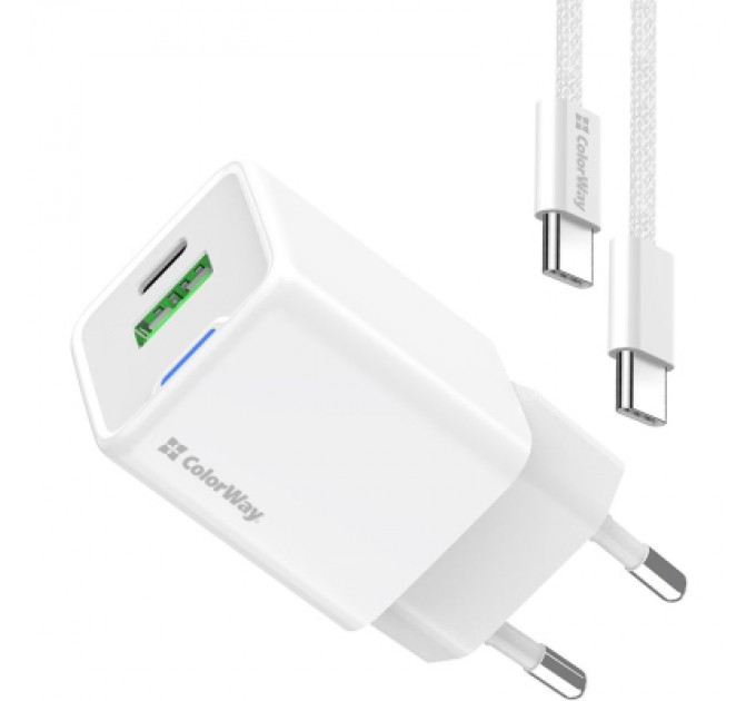 ColorWay Зарядний пристрій ColorWay C101A GaN Mini 20W PD PPS USB-C + USB-A QC4.0 + cable USB-C to USB-C black (CW-CHS062PDC-WT)