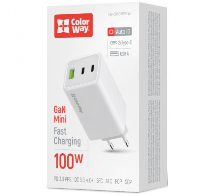 ColorWay Зарядний пристрій ColorWay C101B GaN Mini 100W PD PPS 2xUSB-C + USB-A white (CW-CHS061PD-WT)