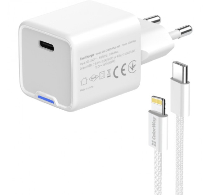 ColorWay Зарядний пристрій ColorWay C101D GaN Mini 20W PD PPS USB-C + cable USB-C to Lightning white (CW-CHS059PDL-WT)