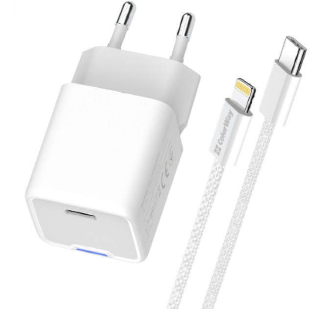 ColorWay Зарядний пристрій ColorWay C101D GaN Mini 20W PD PPS USB-C + cable USB-C to Lightning white (CW-CHS059PDL-WT)