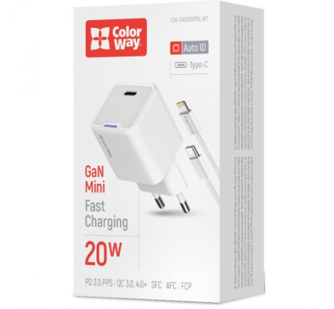 ColorWay Зарядний пристрій ColorWay C101D GaN Mini 20W PD PPS USB-C + cable USB-C to Lightning white (CW-CHS059PDL-WT)