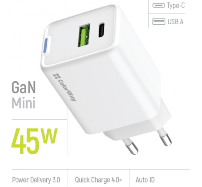 ColorWay Зарядний пристрій ColorWay C101E GaN Mini 45W PD PPS USB-C + USB-A QC4.0 white (CW-CHS060PD-WT)