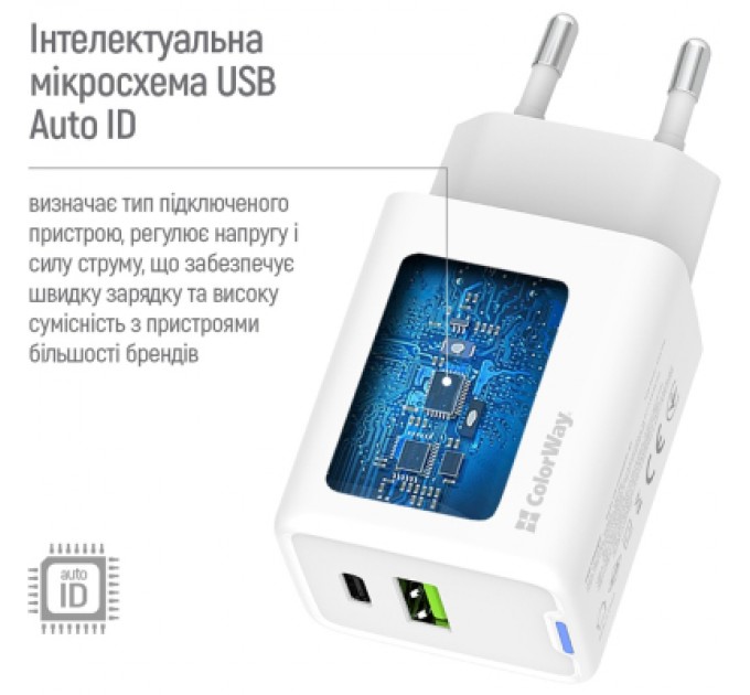ColorWay Зарядний пристрій ColorWay C101E GaN Mini 45W PD PPS USB-C + USB-A QC4.0 white (CW-CHS060PD-WT)