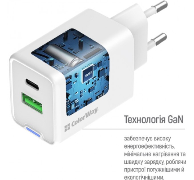 ColorWay Зарядний пристрій ColorWay C101E GaN Mini 45W PD PPS USB-C + USB-A QC4.0 white (CW-CHS060PD-WT)