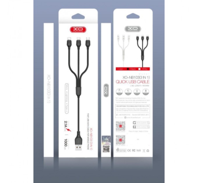 XO Дата кабель USB 2.0 AM to Lightning + Micro 5P + USB-C 1.0m 2.1A black XO (NB103-3in1-1-BK)