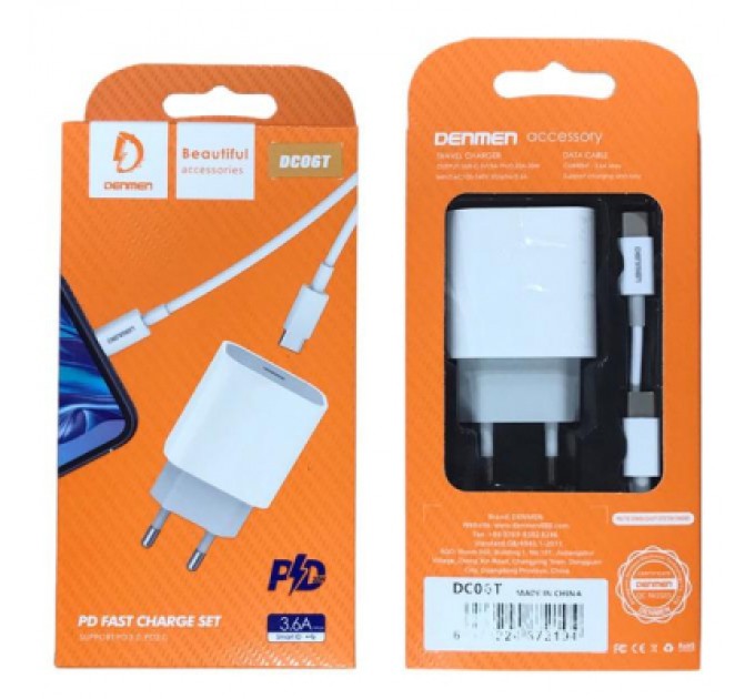 Denmen Зарядний пристрій Denmen USB-C PD20W 3.6A + cable USB-C to USB-C white (DM-DC06T-WH)