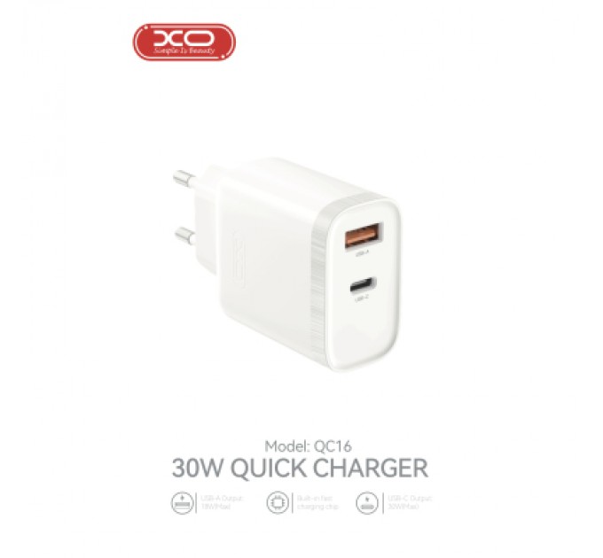 XO Зарядний пристрій XO 1xUSB-C PD30W + 1xUSB QC3.0 (XO-QC16)
