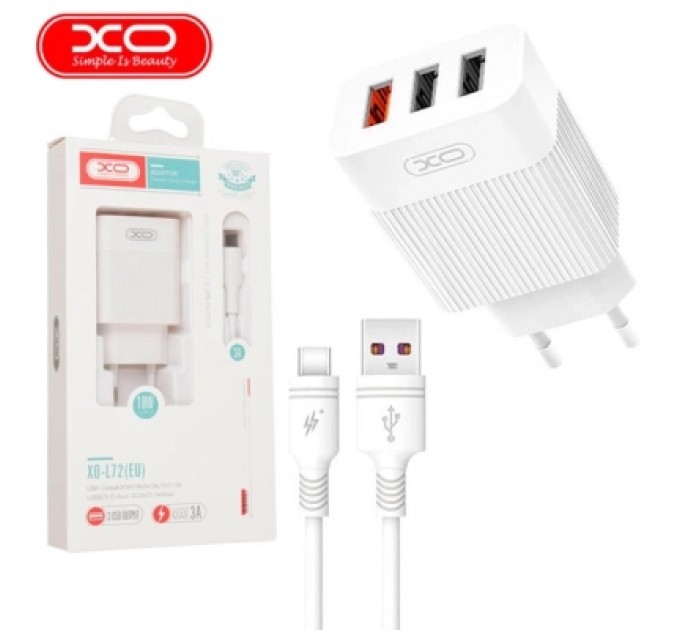 XO Зарядний пристрій XO 1xUSB QC3.0 18W + 2xUSB 2.4A + cable USB-C white (L72-TC-WH)